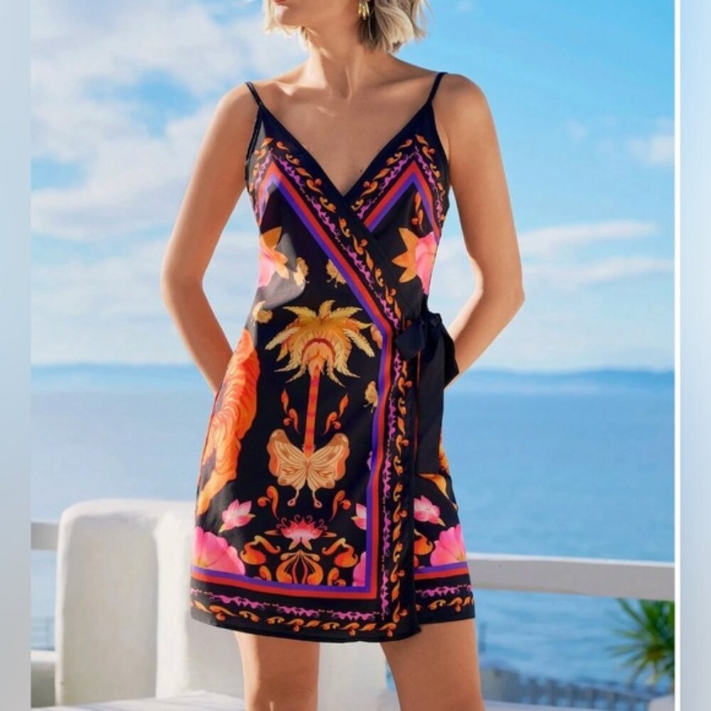 Tropical Print Wrap Dress